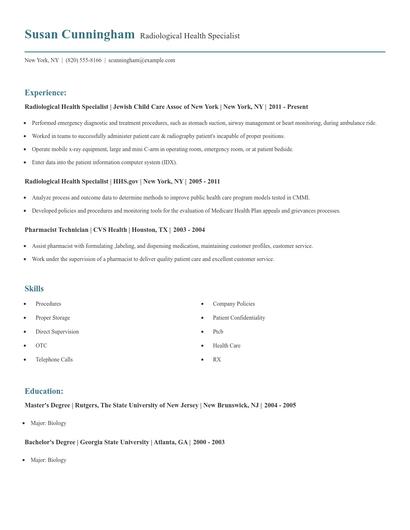 Radiological Health Specialist Resume