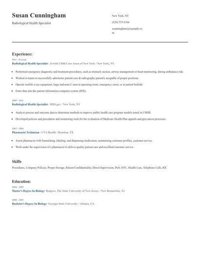 Radiological Health Specialist Resume