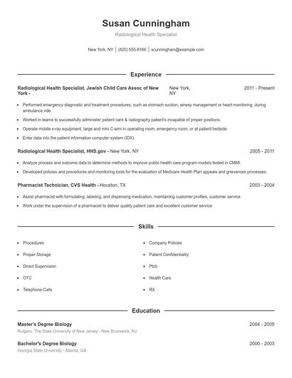 Radiological Health Specialist Resume