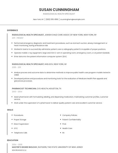 Radiological Health Specialist Resume