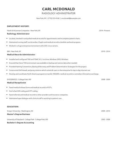 Radiology Administrator Resume