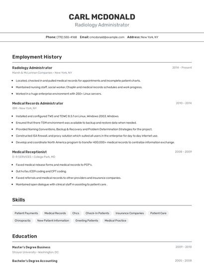 Radiology Administrator Resume