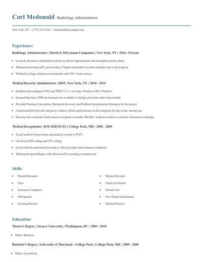 Radiology Administrator Resume
