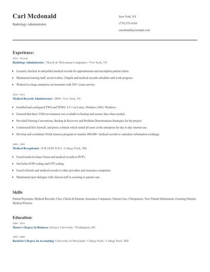 Radiology Administrator Resume