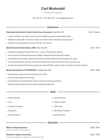 Radiology Administrator Resume