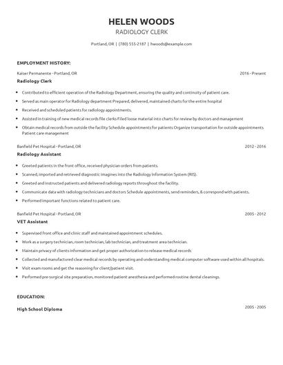Radiology Clerk Resume