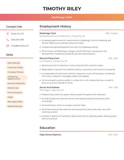 Radiology Clerk Resume