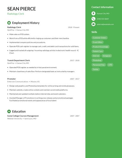 Radiology Clerk Resume