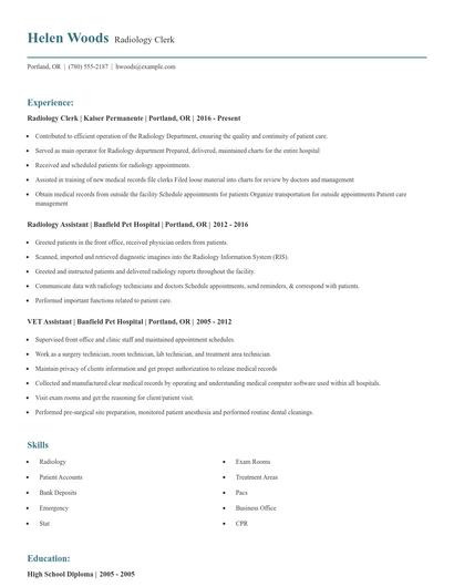 Radiology Clerk Resume