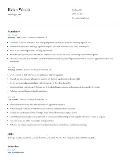 Radiology Clerk Resume