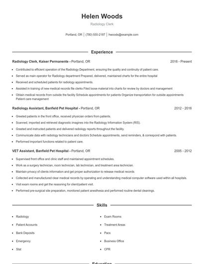 Radiology Clerk Resume