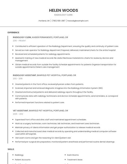 Radiology Clerk Resume