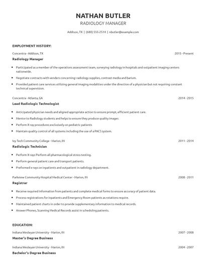 Radiology Manager Resume
