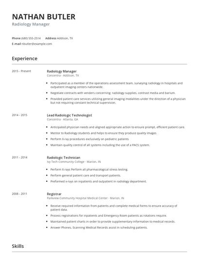 Radiology Manager Resume