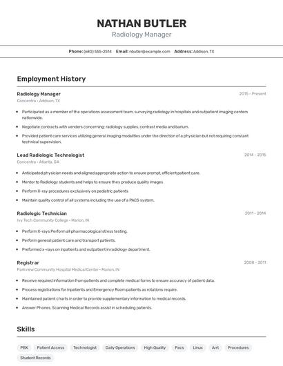 Radiology Manager Resume