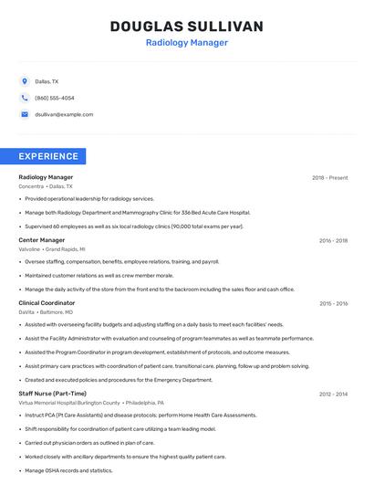 Radiology Manager Resume