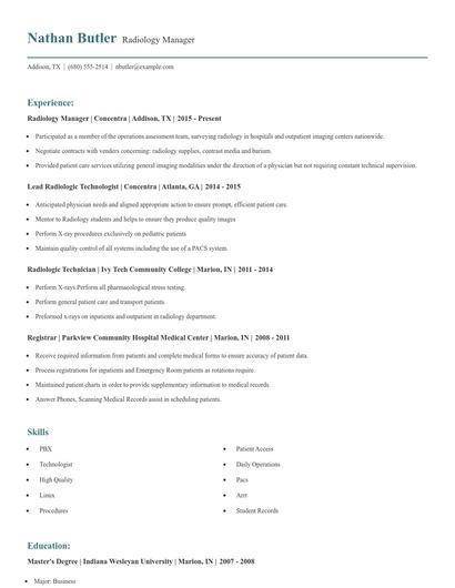Radiology Manager Resume