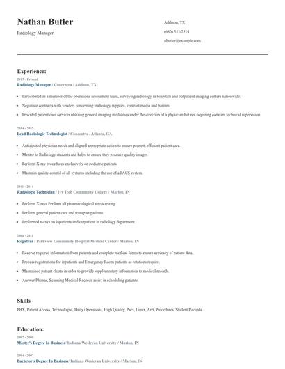 Radiology Manager Resume