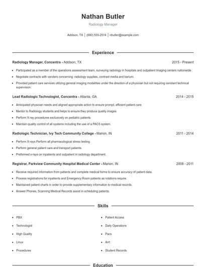 Radiology Manager Resume