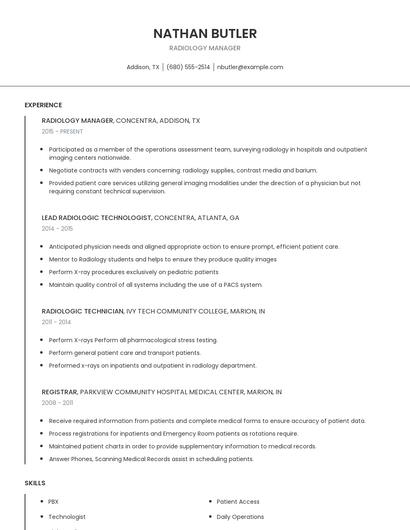 Radiology Manager Resume