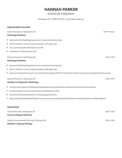 Radiology Resident Resume