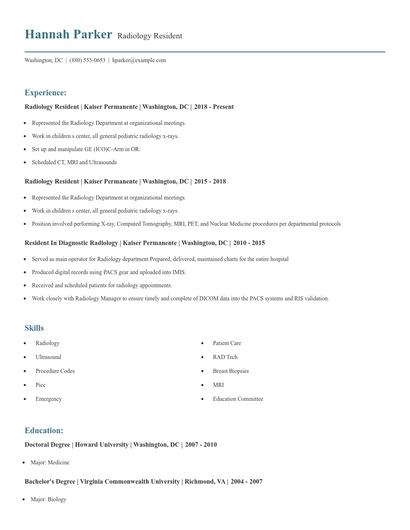 Radiology Resident Resume