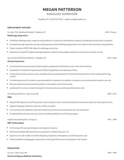 Radiology Supervisor Resume
