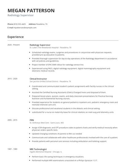Radiology Supervisor Resume