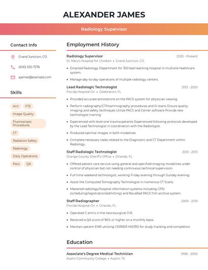 Radiology Supervisor Resume