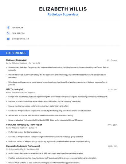 Radiology Supervisor Resume