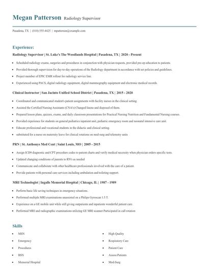 Radiology Supervisor Resume