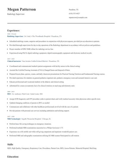 Radiology Supervisor Resume