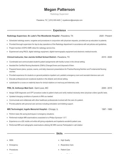 Radiology Supervisor Resume