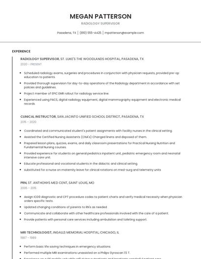 Radiology Supervisor Resume