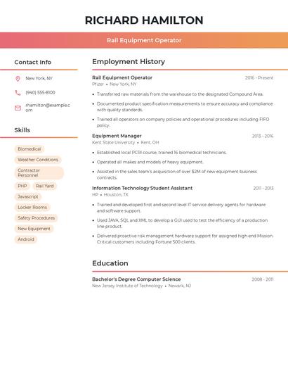 Rail Equipment Operator Resume