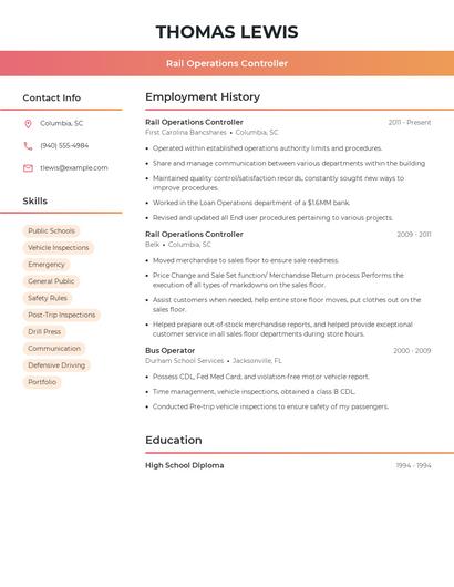 Rail Operations Controller Resume