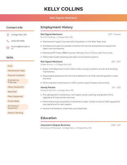 Rail Signal Mechanic Resume