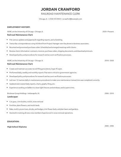 Railroad Maintenance Clerk Resume