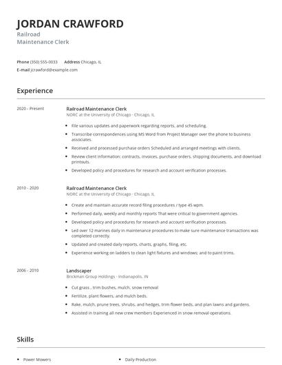Railroad Maintenance Clerk Resume