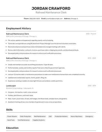 Railroad Maintenance Clerk Resume