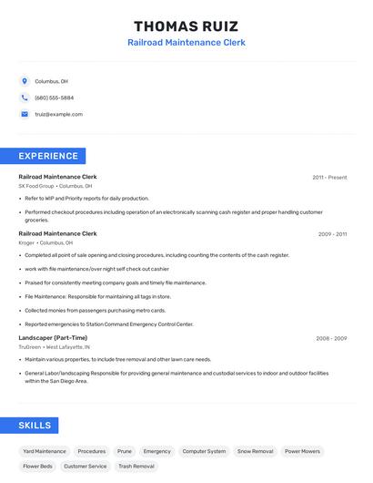 Railroad Maintenance Clerk Resume
