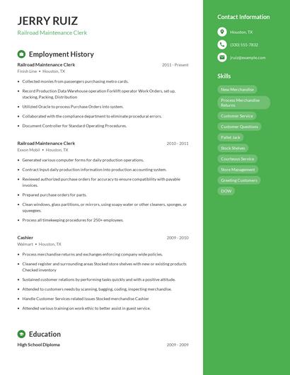 Railroad Maintenance Clerk Resume