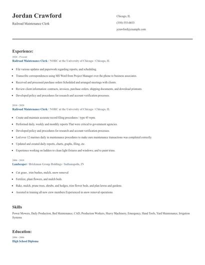 Railroad Maintenance Clerk Resume