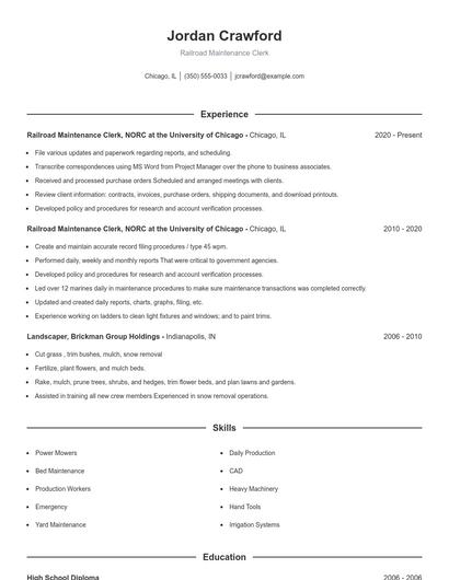 Railroad Maintenance Clerk Resume