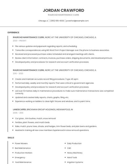 Railroad Maintenance Clerk Resume