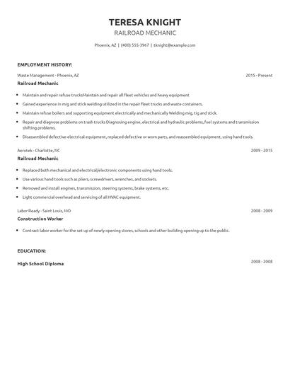 Railroad Mechanic Resume