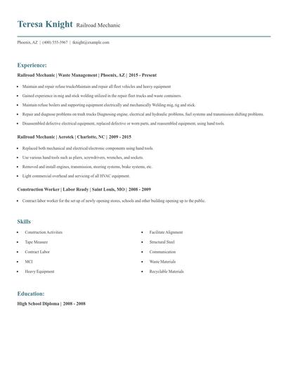 Railroad Mechanic Resume
