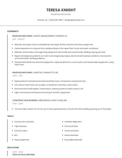 Railroad Mechanic Resume