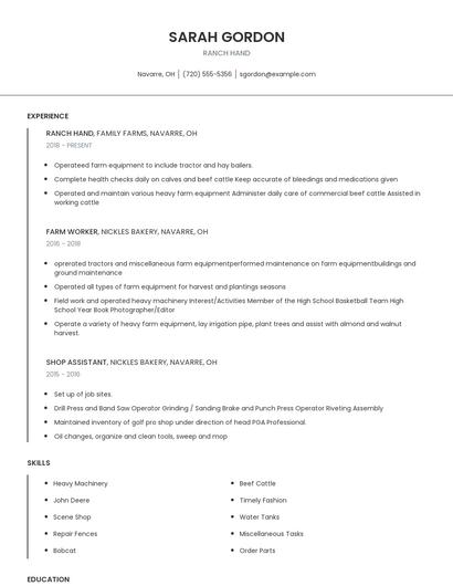 Ranch Hand Resume