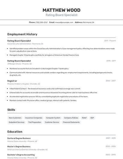 Rating Board Specialist Resume
